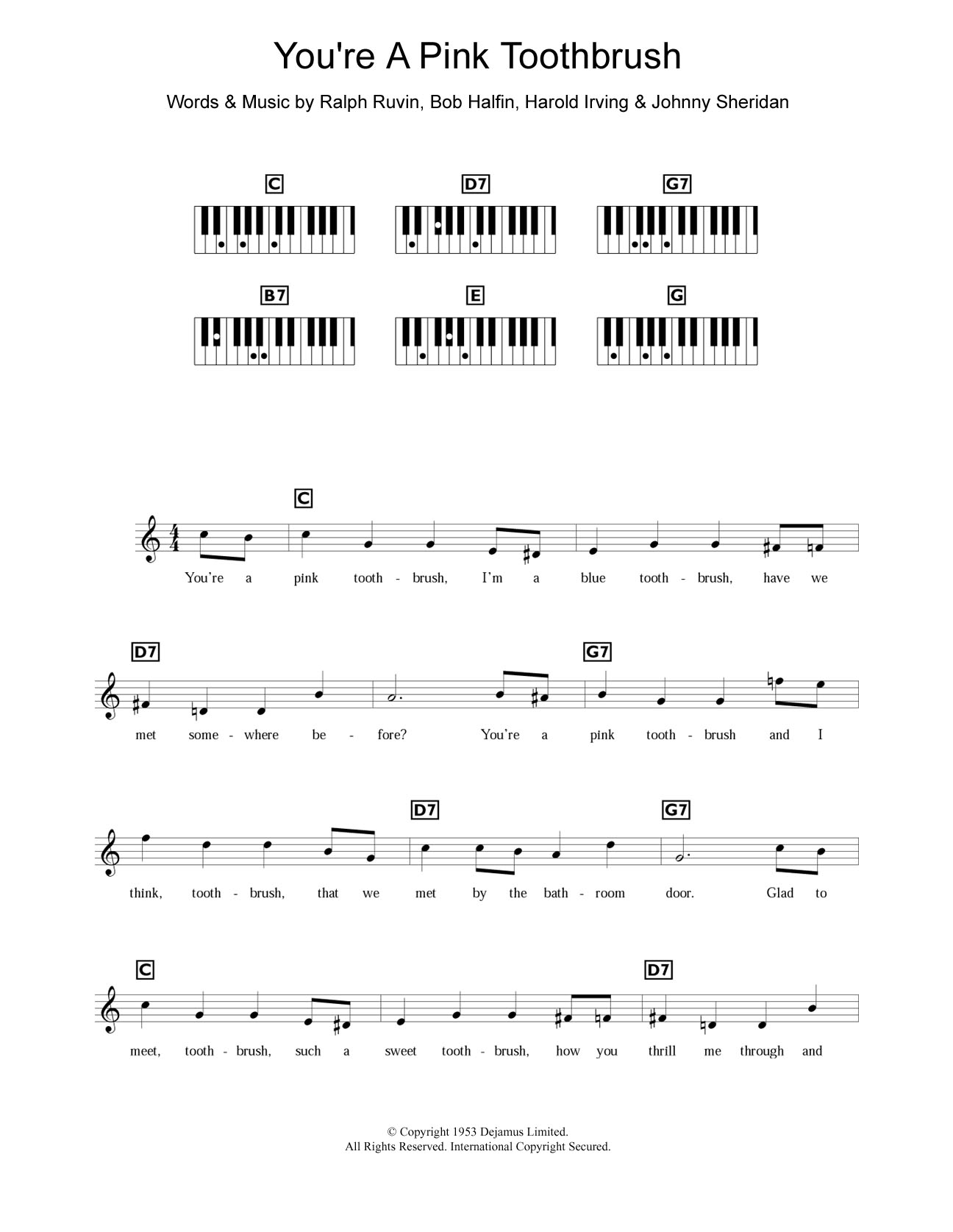 Bob Halfin You're A Pink Toothbrush Sheet Music Notes & Chords for Piano & Vocal - Download or Print PDF