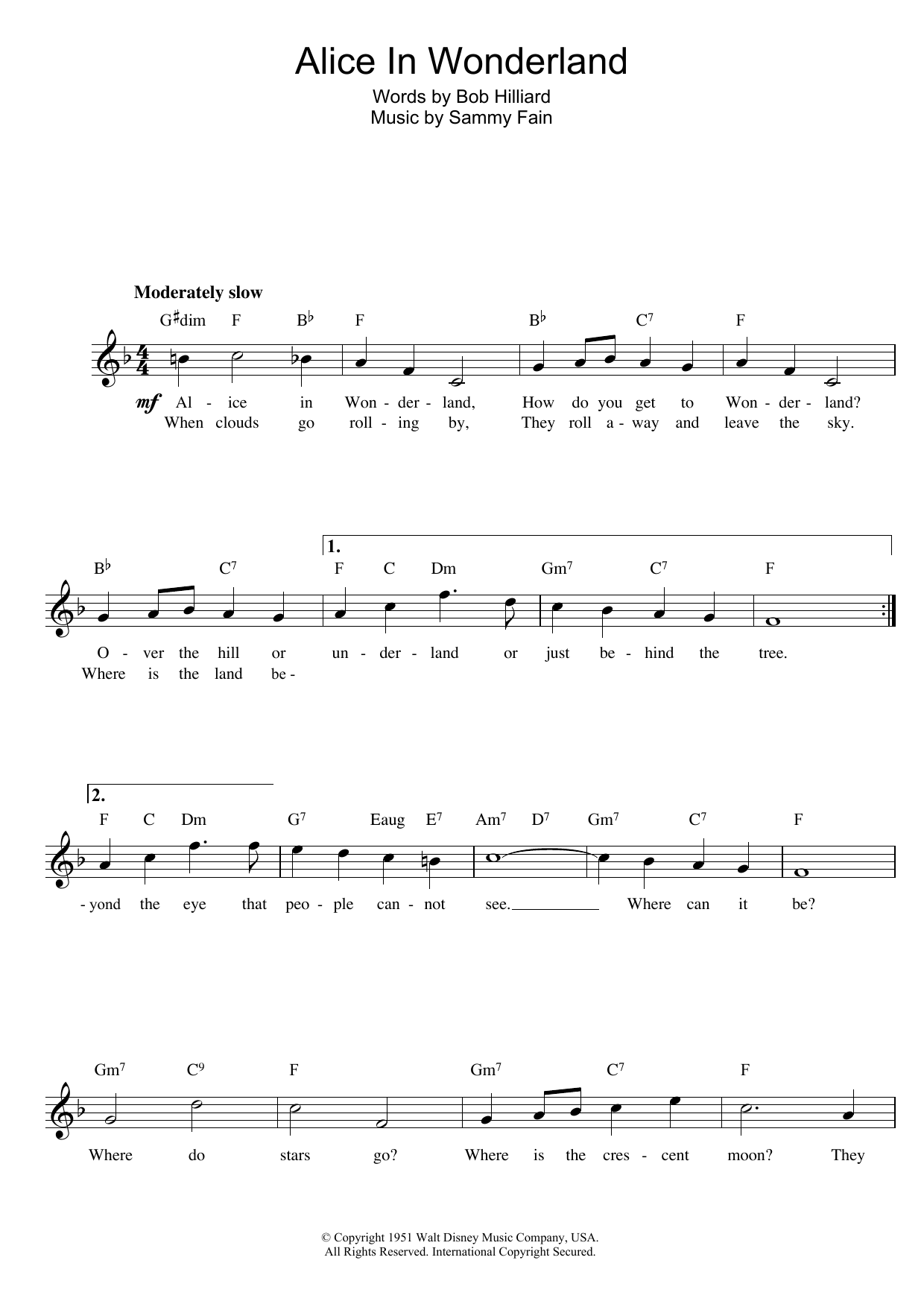 Sammy Fain Alice In Wonderland Sheet Music Notes & Chords for Melody Line, Lyrics & Chords - Download or Print PDF