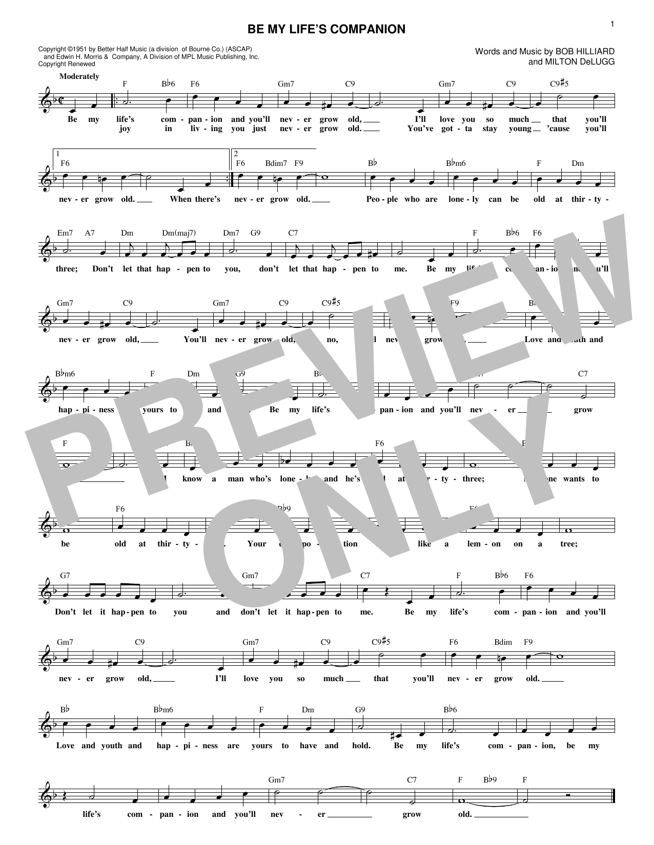 Bob Hilliard Be My Life's Companion Sheet Music Notes & Chords for Melody Line, Lyrics & Chords - Download or Print PDF