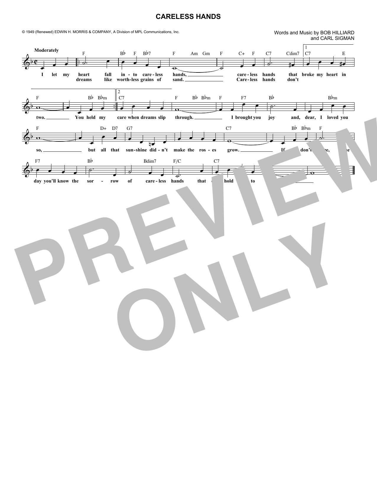 Bob Hilliard Careless Hands Sheet Music Notes & Chords for Melody Line, Lyrics & Chords - Download or Print PDF