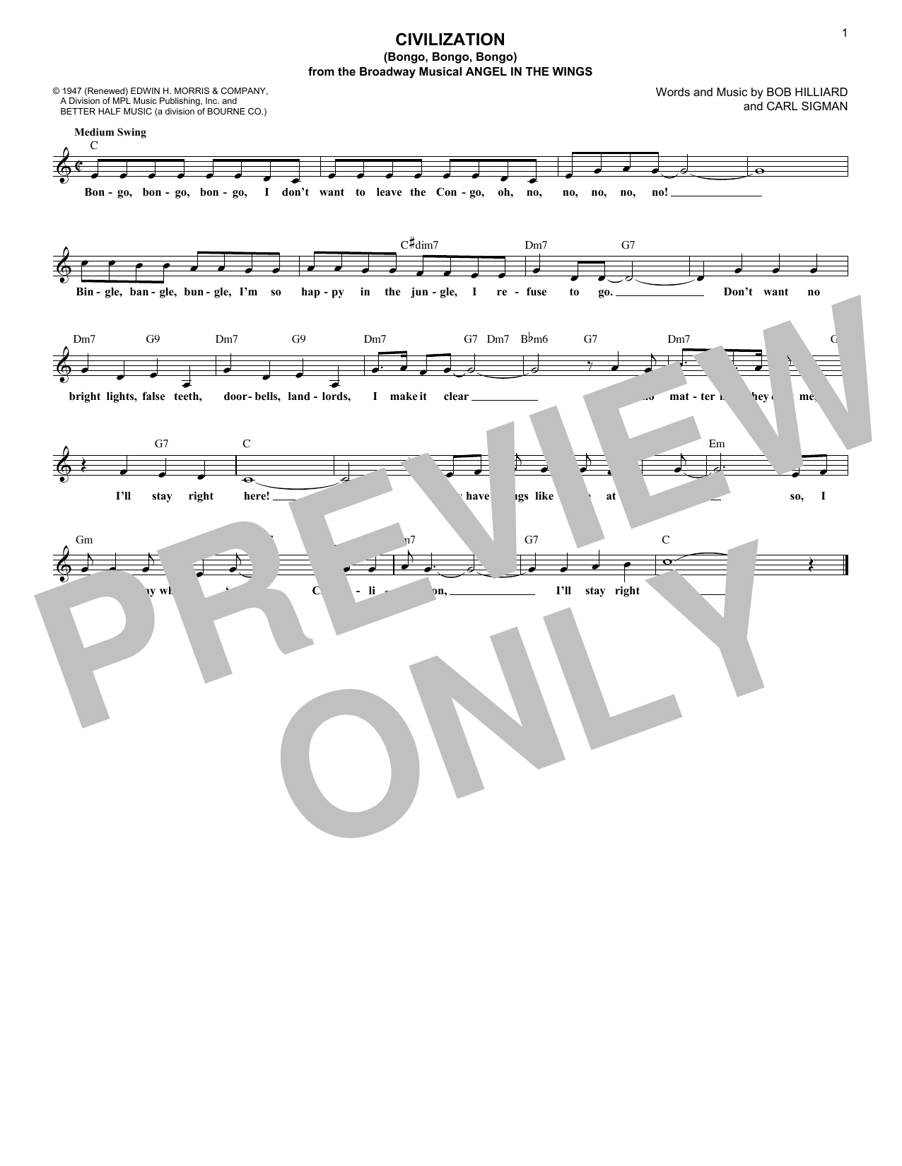 Bob Hilliard Civilization (Bongo, Bongo, Bongo) Sheet Music Notes & Chords for Melody Line, Lyrics & Chords - Download or Print PDF