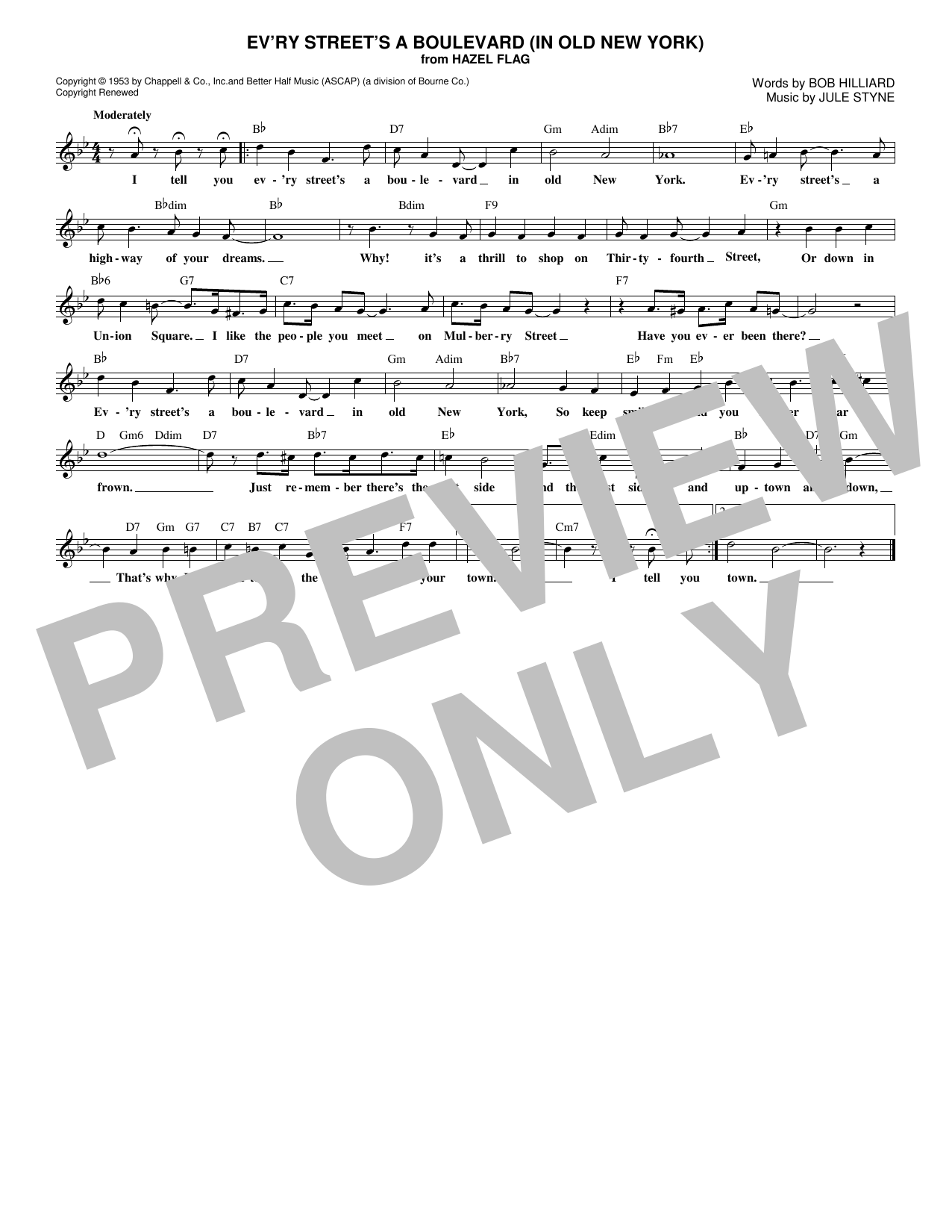 Bob Hilliard Ev'ry Street's A Boulevard (In Old New York) Sheet Music Notes & Chords for Melody Line, Lyrics & Chords - Download or Print PDF