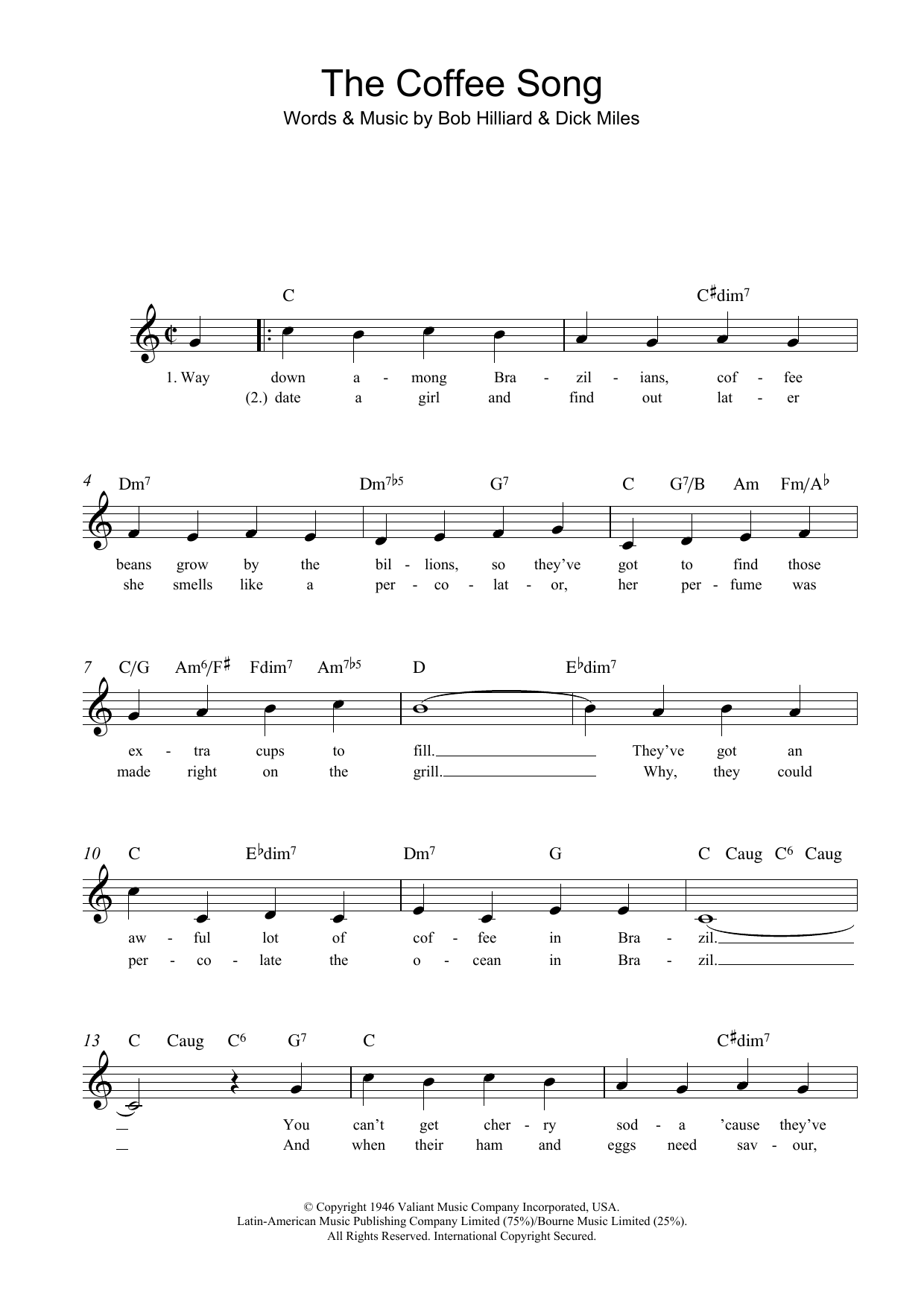 Bob Hilliard The Coffee Song Sheet Music Notes & Chords for Melody Line, Lyrics & Chords - Download or Print PDF