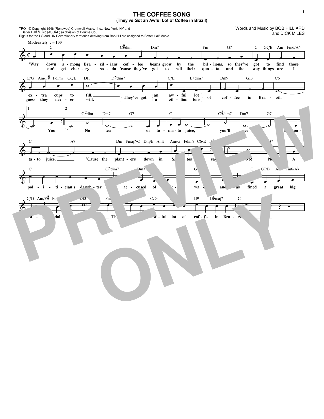 Bob Hilliard The Coffee Song (They've Got An Awful Lot Of Coffee In Brazil) Sheet Music Notes & Chords for Melody Line, Lyrics & Chords - Download or Print PDF