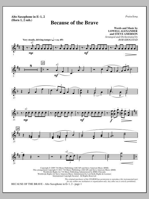 Bob Krogstad Because Of The Brave - Alto Sax 1-2 (sub. Horn 1-2) Sheet Music Notes & Chords for Choir Instrumental Pak - Download or Print PDF