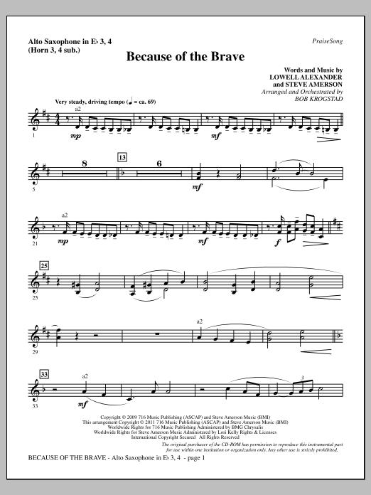 Bob Krogstad Because Of The Brave - Alto Sax 3-4 (sub. Horn 3-4) Sheet Music Notes & Chords for Choir Instrumental Pak - Download or Print PDF