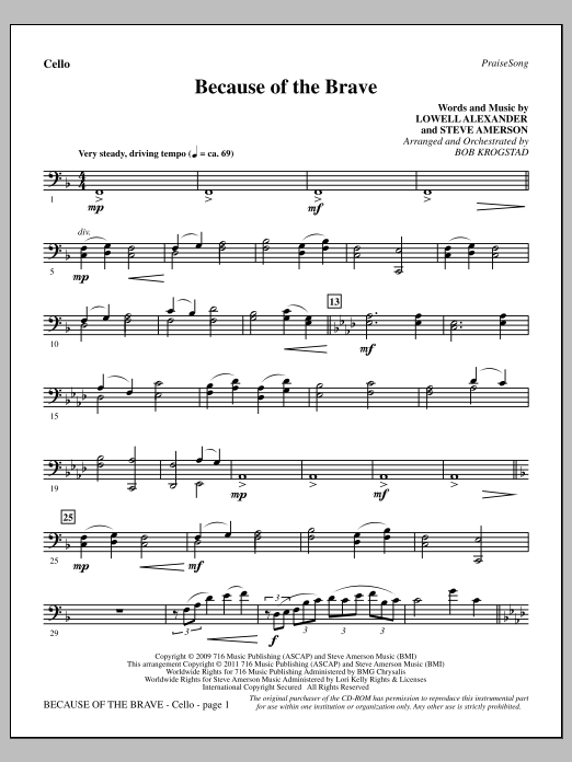 Bob Krogstad Because Of The Brave - Cello Sheet Music Notes & Chords for Choir Instrumental Pak - Download or Print PDF