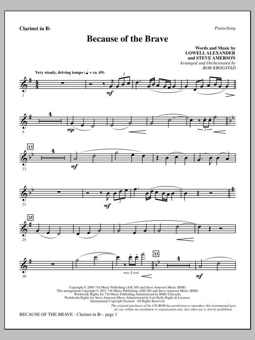 Bob Krogstad Because Of The Brave - Clarinet Sheet Music Notes & Chords for Choir Instrumental Pak - Download or Print PDF