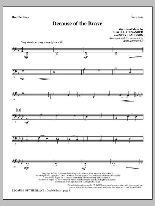 Bob Krogstad Because Of The Brave - Double Bass Sheet Music Notes & Chords for Choir Instrumental Pak - Download or Print PDF