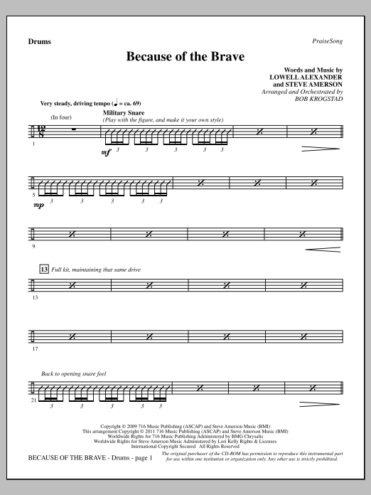 Bob Krogstad Because Of The Brave - Drums Sheet Music Notes & Chords for Choir Instrumental Pak - Download or Print PDF