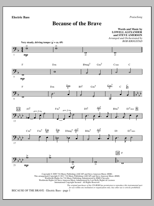 Bob Krogstad Because Of The Brave - Electric Bass Sheet Music Notes & Chords for Choir Instrumental Pak - Download or Print PDF