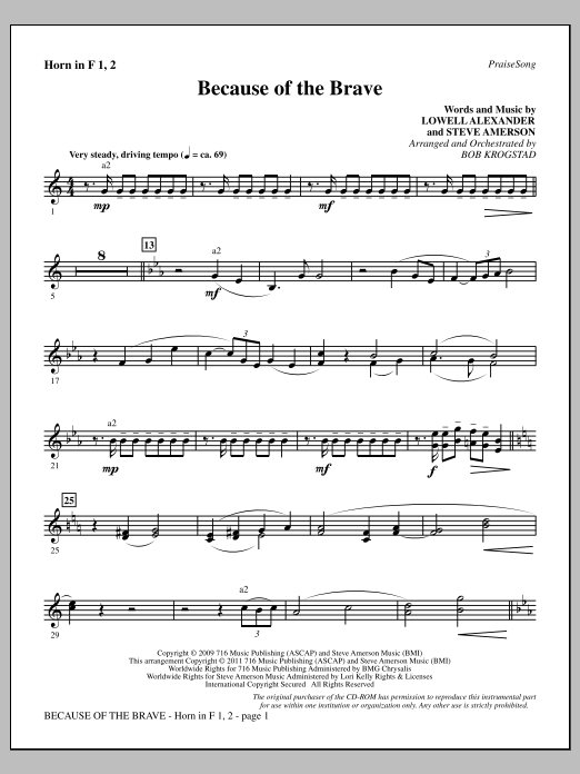 Bob Krogstad Because Of The Brave - F Horn 1 & 2 Sheet Music Notes & Chords for Choir Instrumental Pak - Download or Print PDF