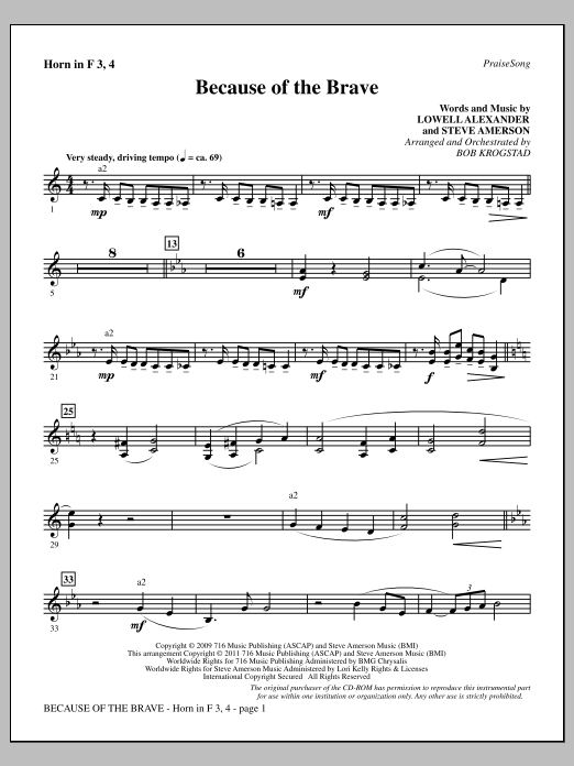Bob Krogstad Because Of The Brave - F Horn 3 & 4 Sheet Music Notes & Chords for Choir Instrumental Pak - Download or Print PDF