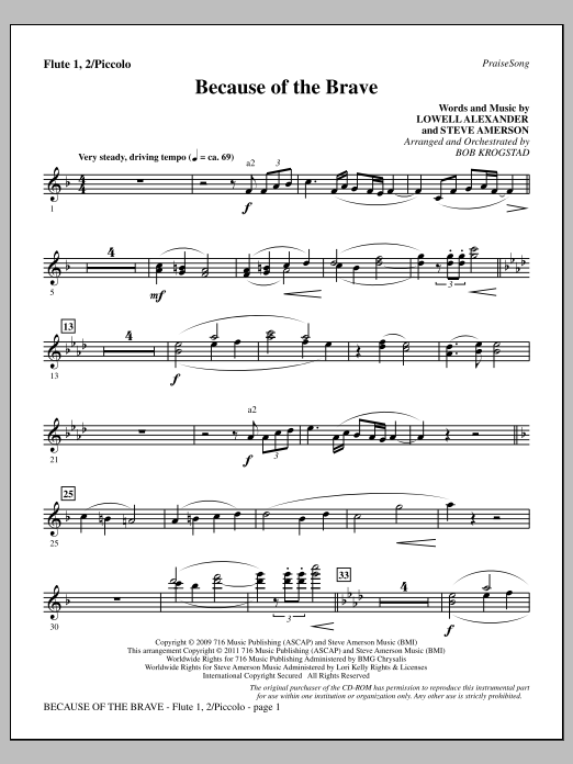Bob Krogstad Because Of The Brave - Flute 1,2/Piccolo Sheet Music Notes & Chords for Choir Instrumental Pak - Download or Print PDF