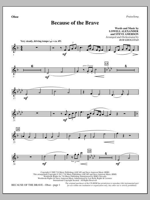 Bob Krogstad Because Of The Brave - Oboe Sheet Music Notes & Chords for Choir Instrumental Pak - Download or Print PDF