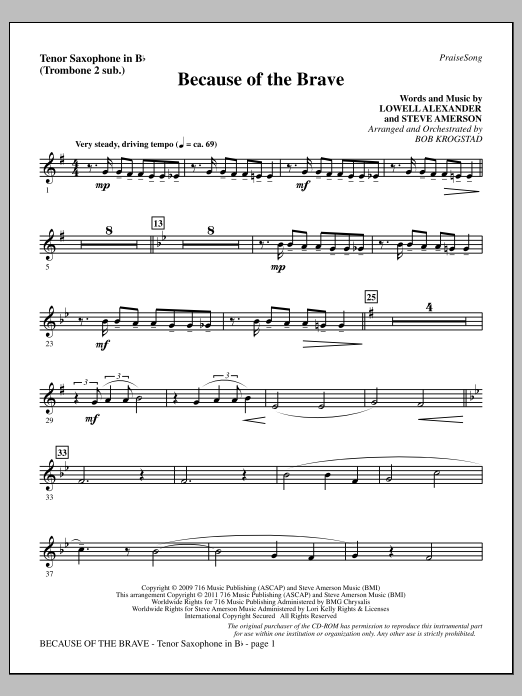 Bob Krogstad Because Of The Brave - Tenor Sax (sub. Tbn 2) Sheet Music Notes & Chords for Choir Instrumental Pak - Download or Print PDF