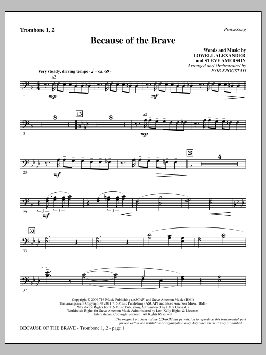 Bob Krogstad Because Of The Brave - Trombone 1 & 2 Sheet Music Notes & Chords for Choir Instrumental Pak - Download or Print PDF