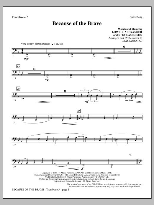 Bob Krogstad Because Of The Brave - Trombone 3 Sheet Music Notes & Chords for Choir Instrumental Pak - Download or Print PDF