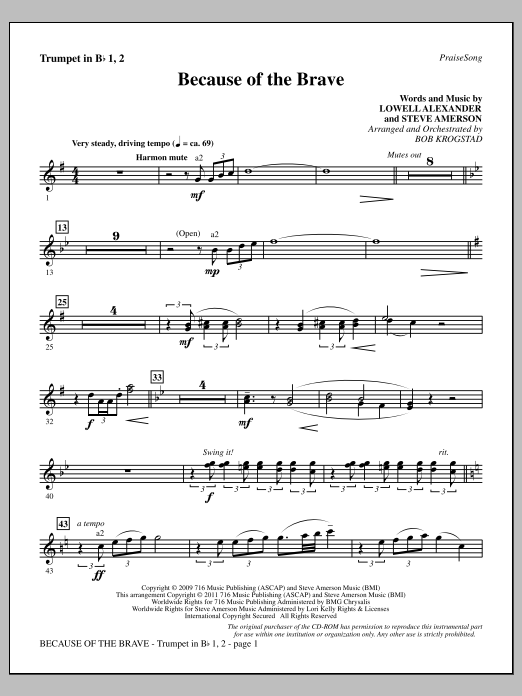 Bob Krogstad Because Of The Brave - Trumpets 1 & 2 Sheet Music Notes & Chords for Choir Instrumental Pak - Download or Print PDF