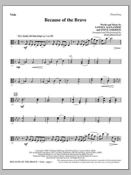 Bob Krogstad Because Of The Brave - Viola Sheet Music Notes & Chords for Choir Instrumental Pak - Download or Print PDF