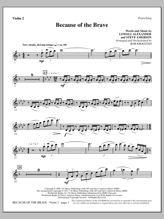 Bob Krogstad Because Of The Brave - Violin 2 Sheet Music Notes & Chords for Choir Instrumental Pak - Download or Print PDF