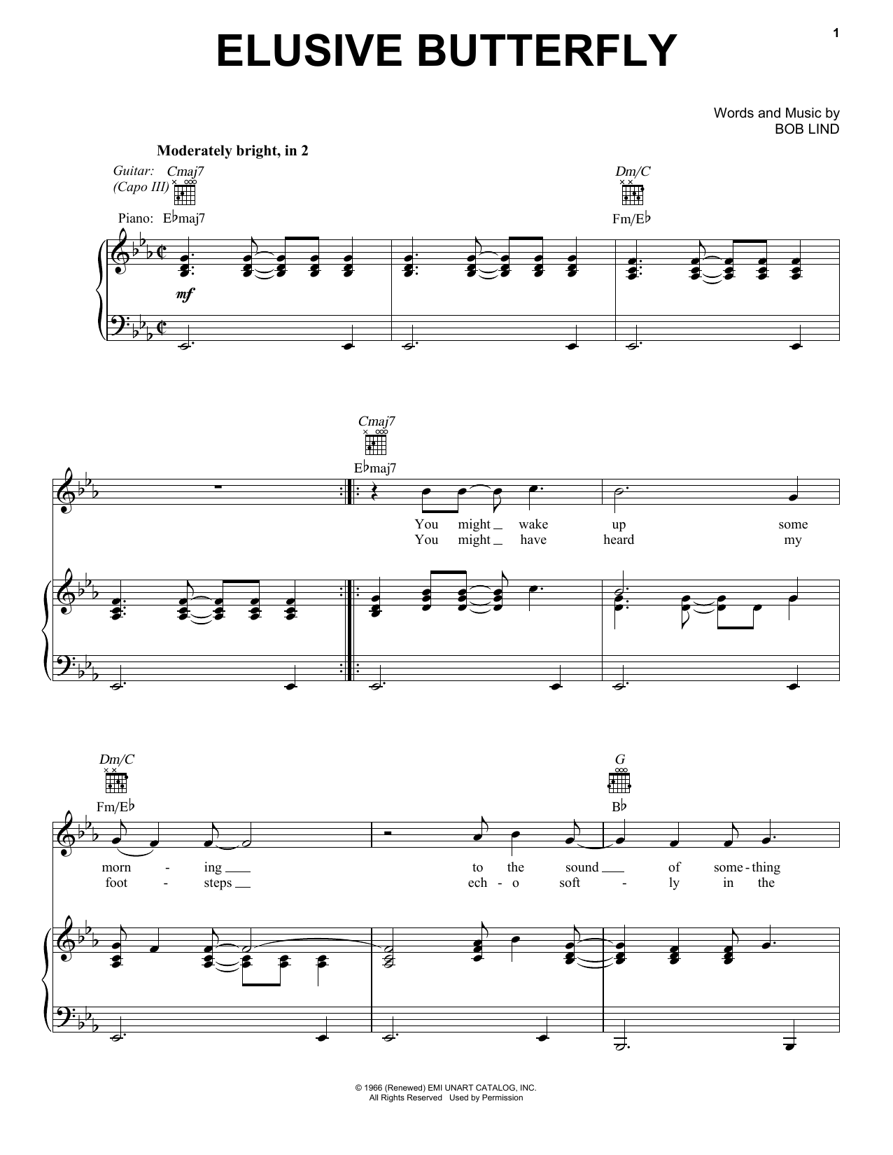 Bob Lind Elusive Butterfly Sheet Music Notes & Chords for Piano, Vocal & Guitar (Right-Hand Melody) - Download or Print PDF
