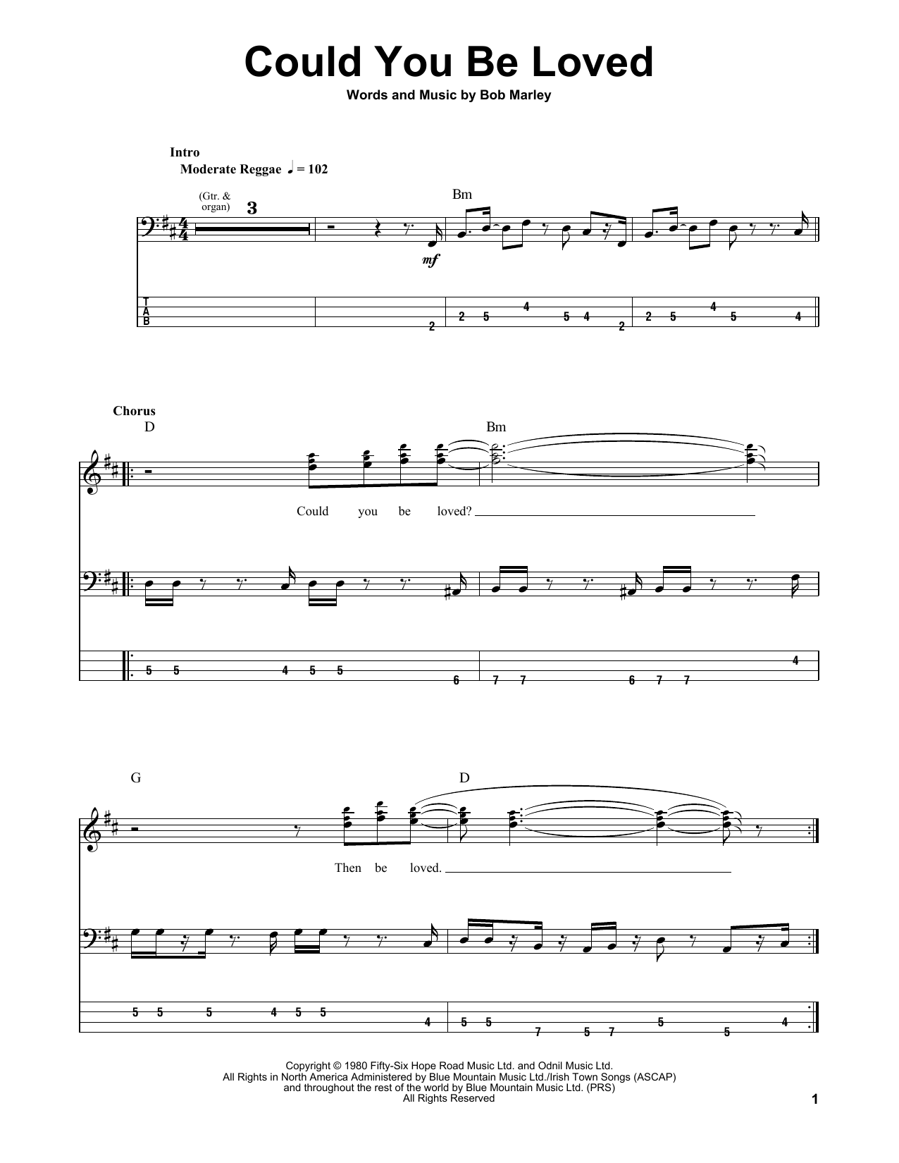 Bob Marley & The Wailers Could You Be Loved Sheet Music Notes & Chords for Bass Guitar Tab - Download or Print PDF