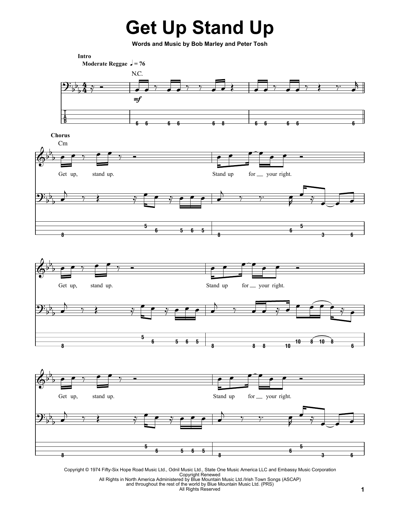 Bob Marley & The Wailers Get Up Stand Up Sheet Music Notes & Chords for Bass Guitar Tab - Download or Print PDF