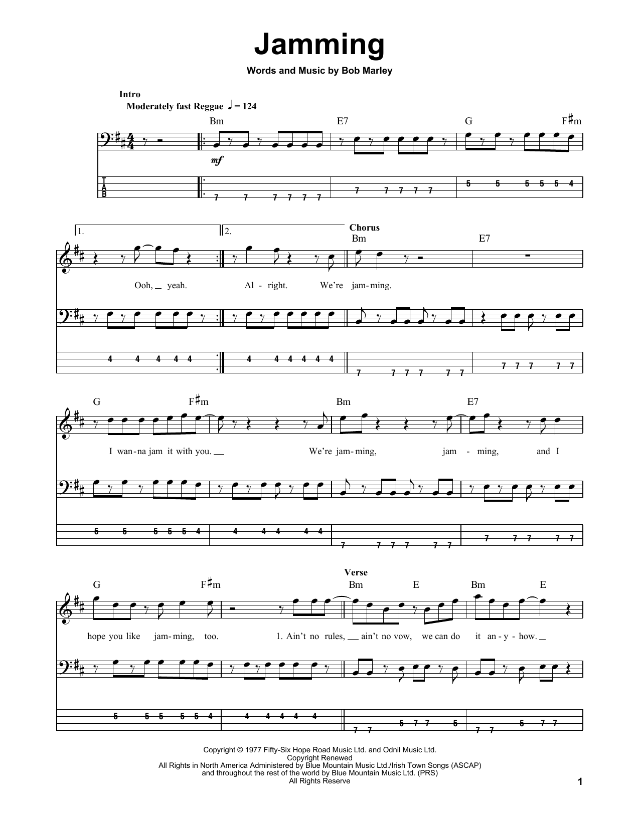 Bob Marley & The Wailers Jamming Sheet Music Notes & Chords for Bass Guitar Tab - Download or Print PDF