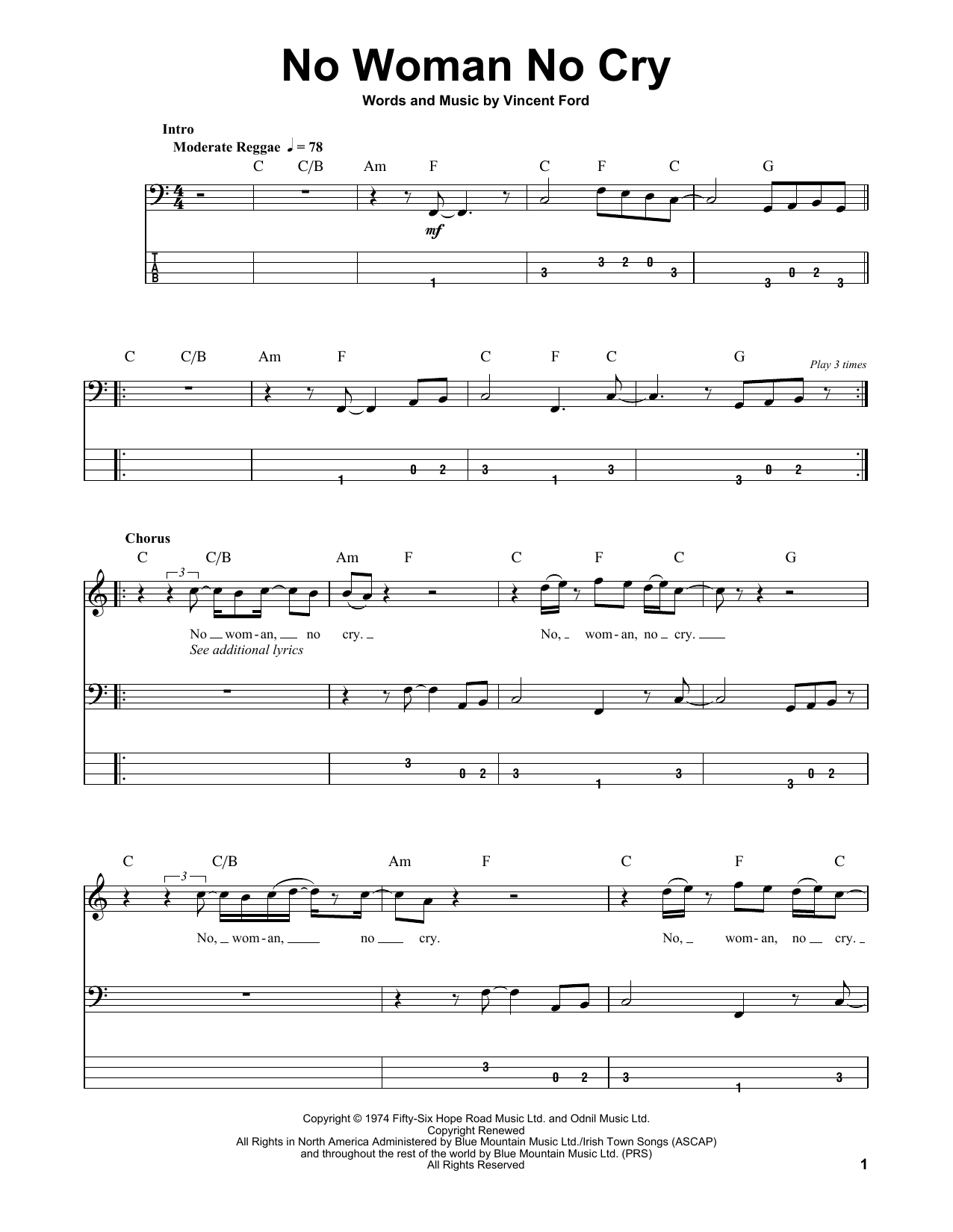 Bob Marley & The Wailers No Woman No Cry Sheet Music Notes & Chords for Bass Guitar Tab - Download or Print PDF