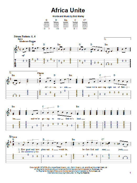 Bob Marley Africa Unite Sheet Music Notes & Chords for Piano, Vocal & Guitar (Right-Hand Melody) - Download or Print PDF