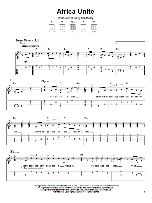 Bob Marley Africa Unite Sheet Music Notes & Chords for Easy Guitar Tab - Download or Print PDF