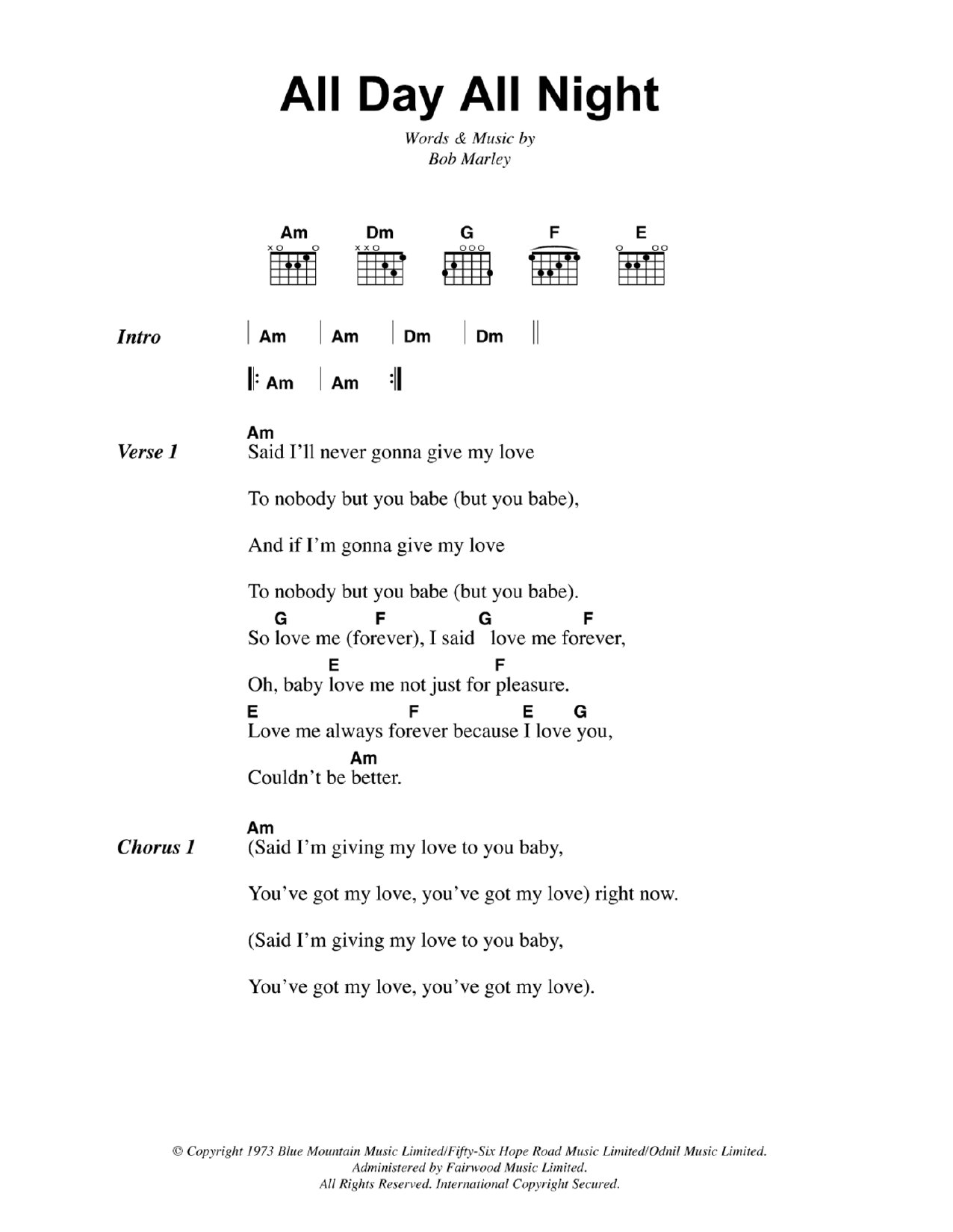 Bob Marley All Day All Night Sheet Music Notes & Chords for Lyrics & Chords - Download or Print PDF
