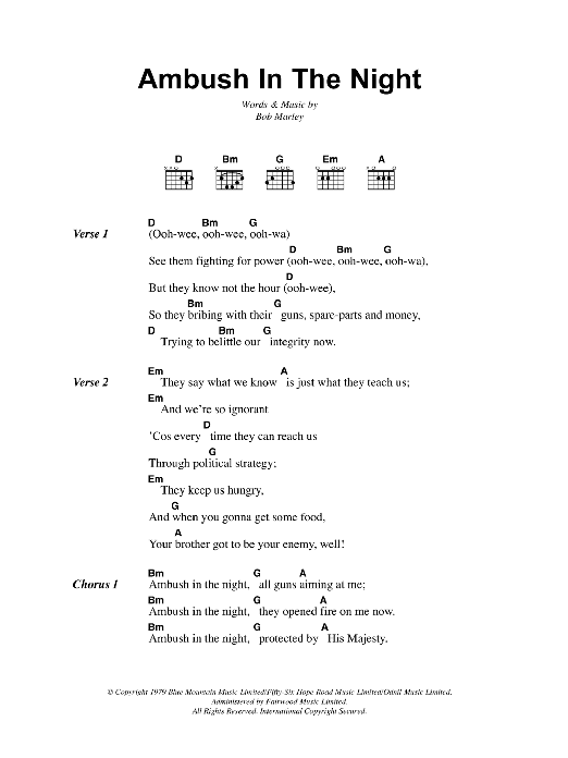 Bob Marley Ambush In The Night Sheet Music Notes & Chords for Lyrics & Chords - Download or Print PDF