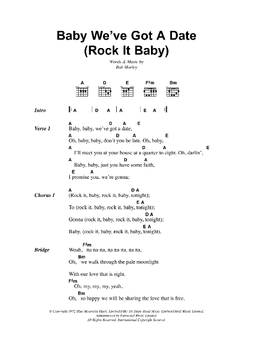 Bob Marley Baby We've Got A Date (Rock It Baby) Sheet Music Notes & Chords for Lyrics & Chords - Download or Print PDF