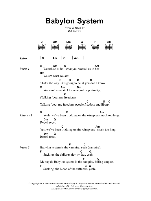 Bob Marley Babylon System Sheet Music Notes & Chords for Lyrics & Chords - Download or Print PDF