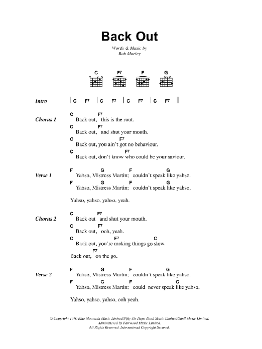 Bob Marley Back Out Sheet Music Notes & Chords for Lyrics & Chords - Download or Print PDF