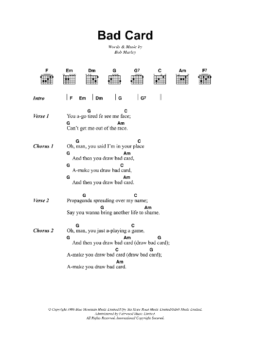 Bob Marley Bad Card Sheet Music Notes & Chords for Lyrics & Chords - Download or Print PDF