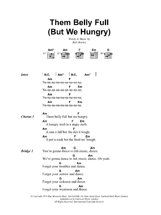 Bob Marley Belly Full (Them Belly Full (But We Hungry)) Sheet Music Notes & Chords for Lyrics & Chords - Download or Print PDF
