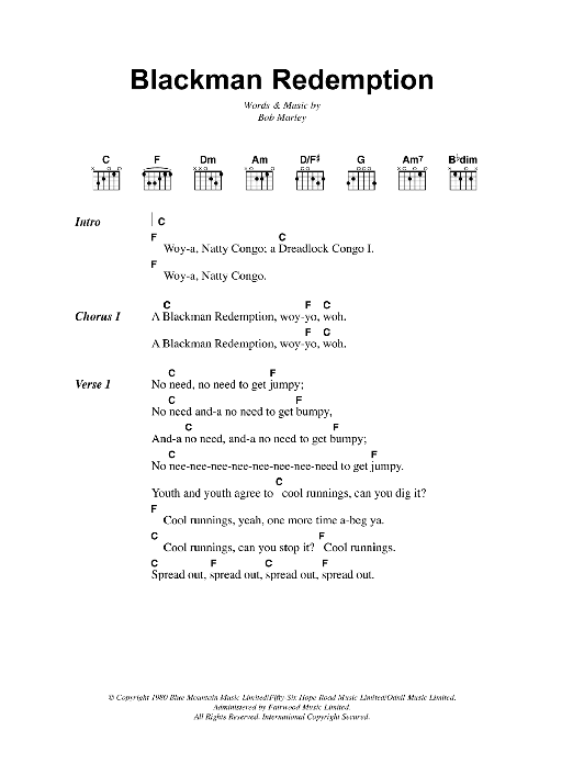 Bob Marley Blackman Redemption Sheet Music Notes & Chords for Lyrics & Chords - Download or Print PDF