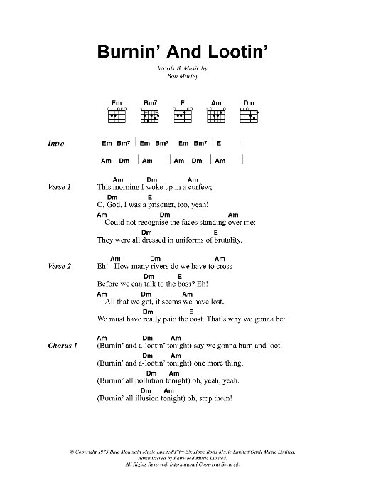 Bob Marley Burnin' And Lootin' Sheet Music Notes & Chords for Lyrics & Chords - Download or Print PDF