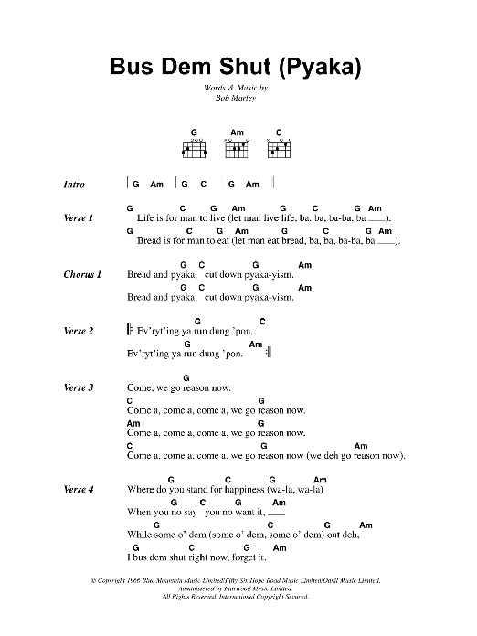 Bob Marley Bus Dem Shut (Pyaka) Sheet Music Notes & Chords for Lyrics & Chords - Download or Print PDF