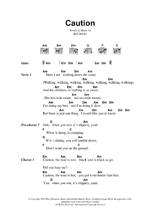 Bob Marley Caution Sheet Music Notes & Chords for Lyrics & Chords - Download or Print PDF