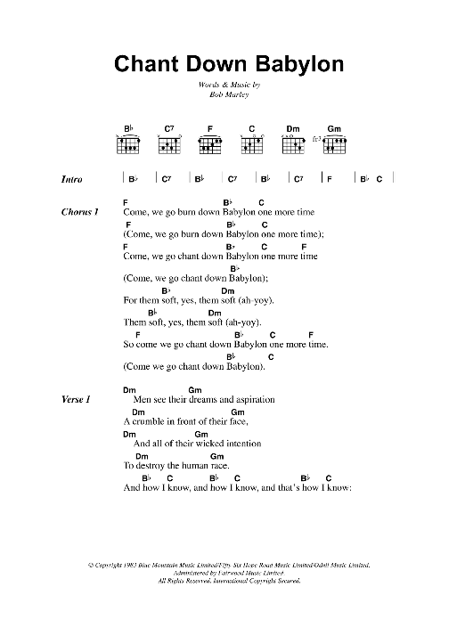 Bob Marley Chant Down Babylon Sheet Music Notes & Chords for Lyrics & Chords - Download or Print PDF