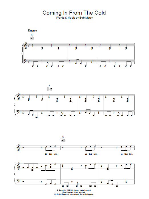 Bob Marley Coming In From The Cold Sheet Music Notes & Chords for Piano, Vocal & Guitar (Right-Hand Melody) - Download or Print PDF