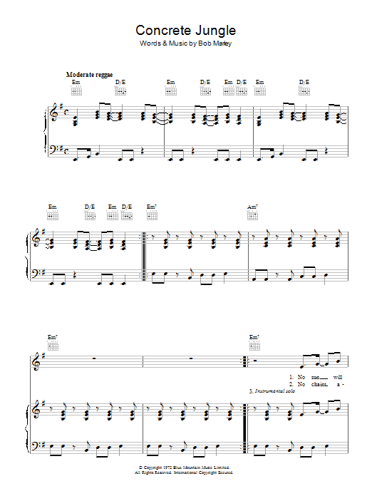 Bob Marley Concrete Jungle Sheet Music Notes & Chords for Piano, Vocal & Guitar (Right-Hand Melody) - Download or Print PDF