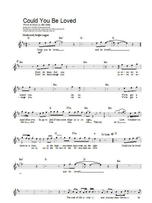 Bob Marley Could You Be Loved Sheet Music Notes & Chords for Guitar Tab - Download or Print PDF