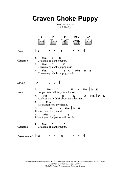 Bob Marley Craven Choke Puppy Sheet Music Notes & Chords for Lyrics & Chords - Download or Print PDF