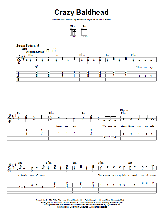 Bob Marley Crazy Baldhead Sheet Music Notes & Chords for Easy Guitar Tab - Download or Print PDF