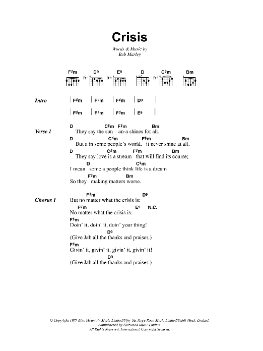 Bob Marley Crisis Sheet Music Notes & Chords for Lyrics & Chords - Download or Print PDF